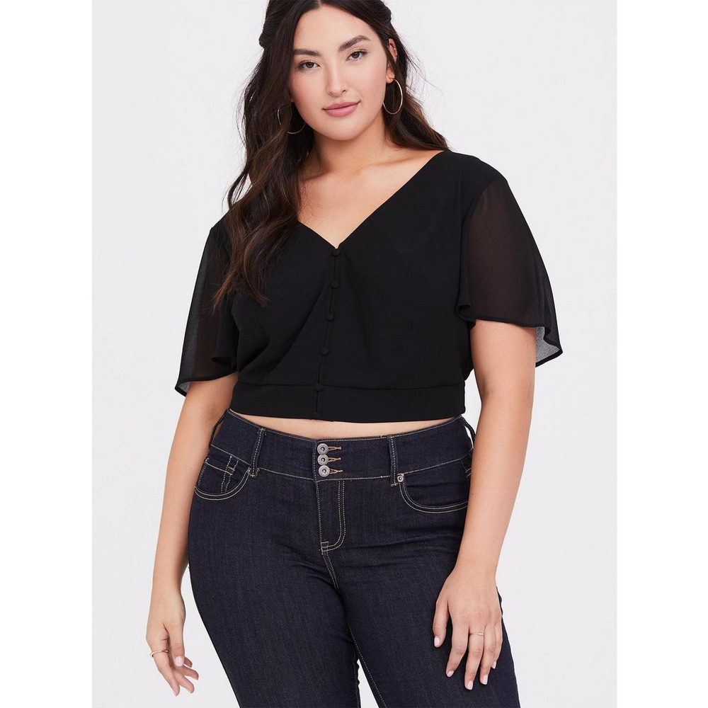 Torrid | Black Chiffon Flutter Sleeve Cropped Blouse/Top w/Smocked Back & Waist